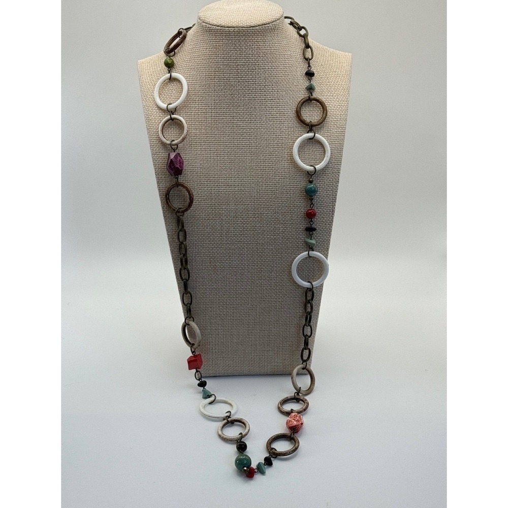 Stone Metal Boho Beachy Quirky Lagenlook Statement Necklace Multicolor